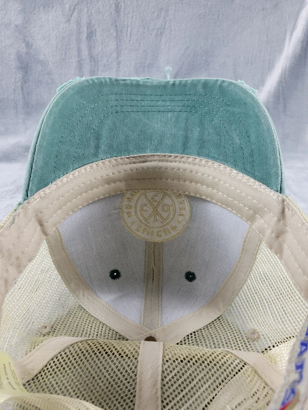 NWT Adams Tin Cup Mountain Whiskey Tan Green Distressed Snapback Trucker Hat